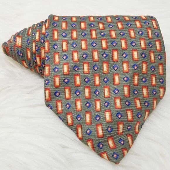 Vintage Fossil Sage Green & Orange Geometric Print Silk Neck Tie Classic - Picture 1 of 4